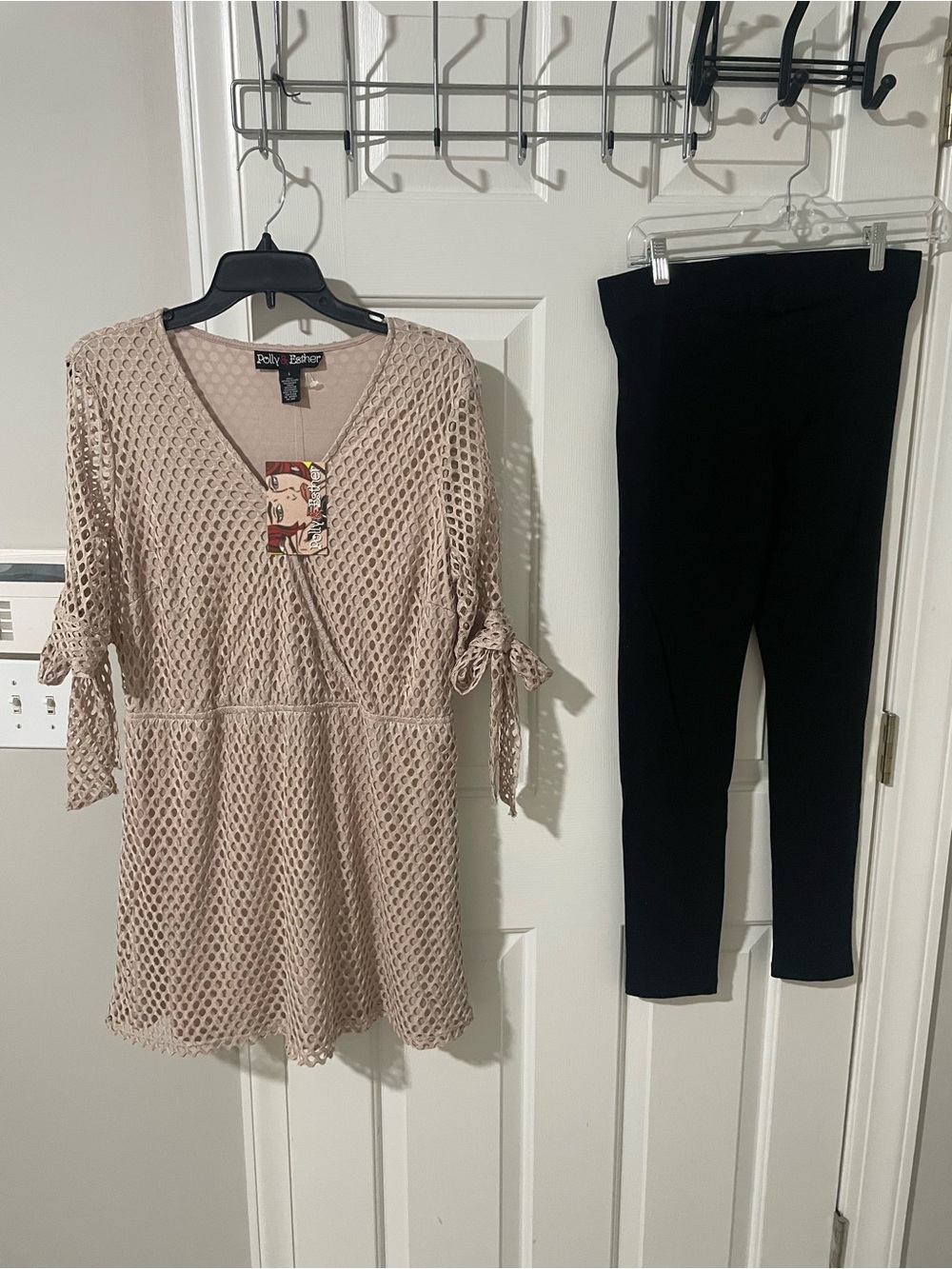Polly & Esther Neutral Crochet Tie-Sleeve Tunic large leggings new lg